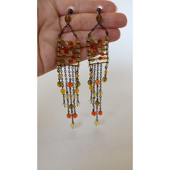 Green & Orange Glass Boho Chandelier Earrings 6 inch Shoulder Sweepers - Picture 9 of 9